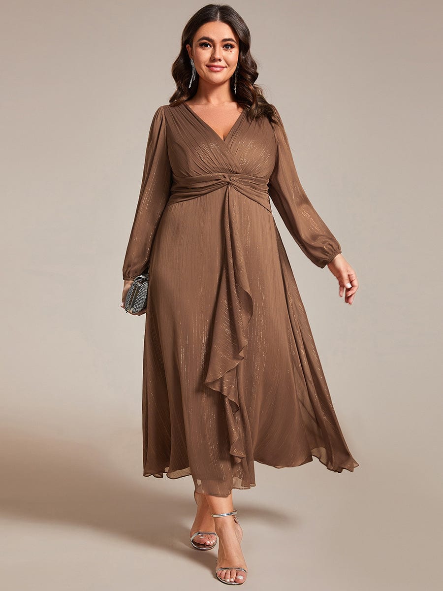 Plus Size Twist Knot Louts Leaf Long Sleeve A-Line Evening Dress #color_Brown