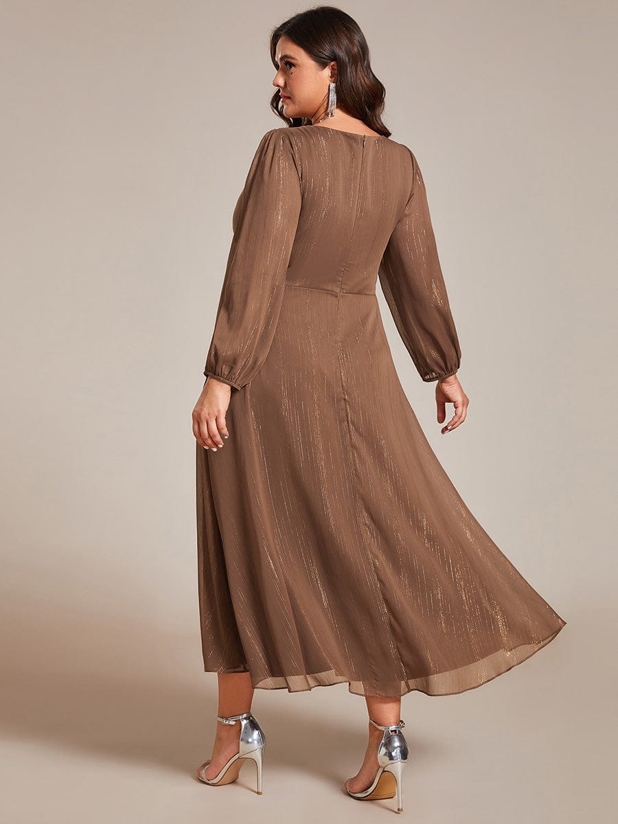 Plus Size Twist Knot Louts Leaf Long Sleeve A-Line Evening Dress #color_Brown