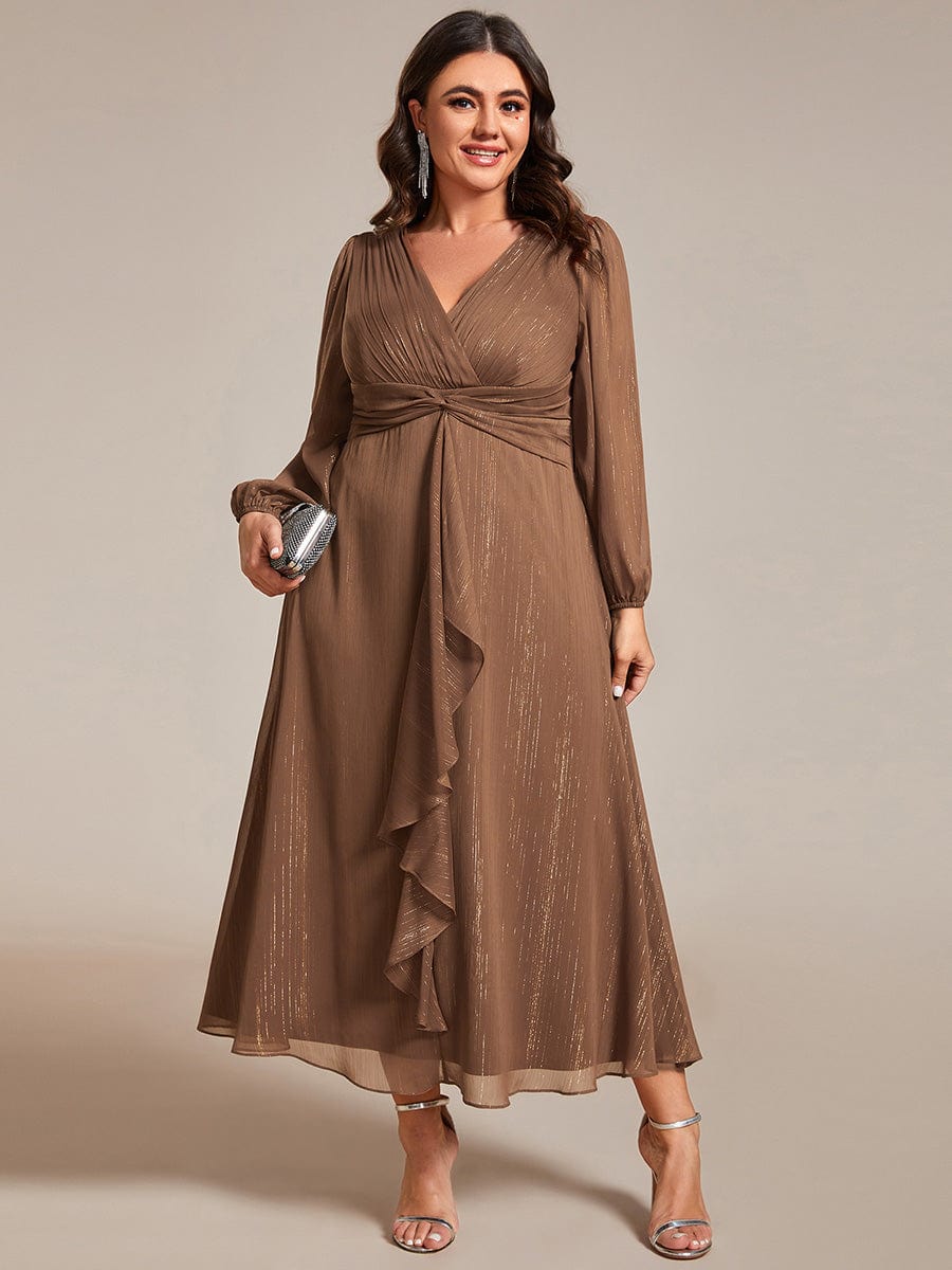 Plus Size Twist Knot Louts Leaf Long Sleeve A-Line Evening Dress #color_Brown