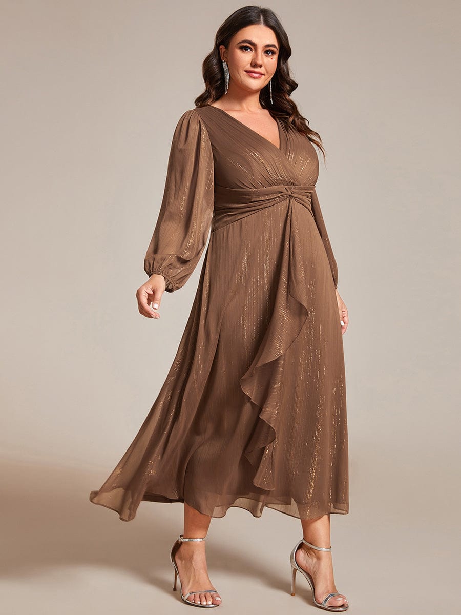 Plus Size Twist Knot Louts Leaf Long Sleeve A-Line Evening Dress #color_Brown