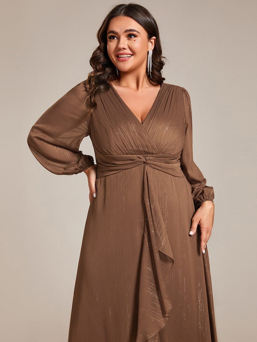 See-Through Long Sleeve Twist Knot A-Line Lotus Leaf Shimmering Evening Dress #color_Brown