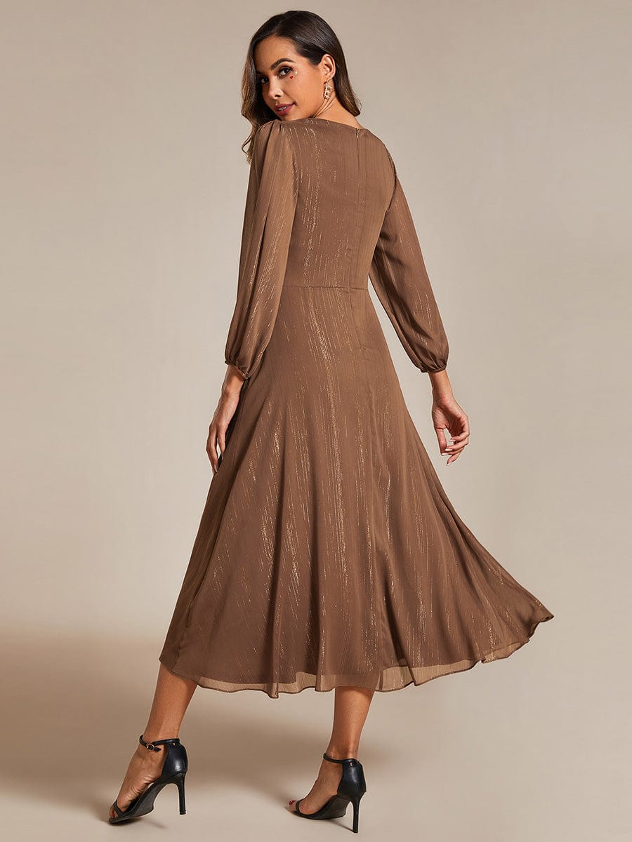 See-Through Long Sleeve Twist Knot A-Line Lotus Leaf Shimmering Evening Dress #color_Brown