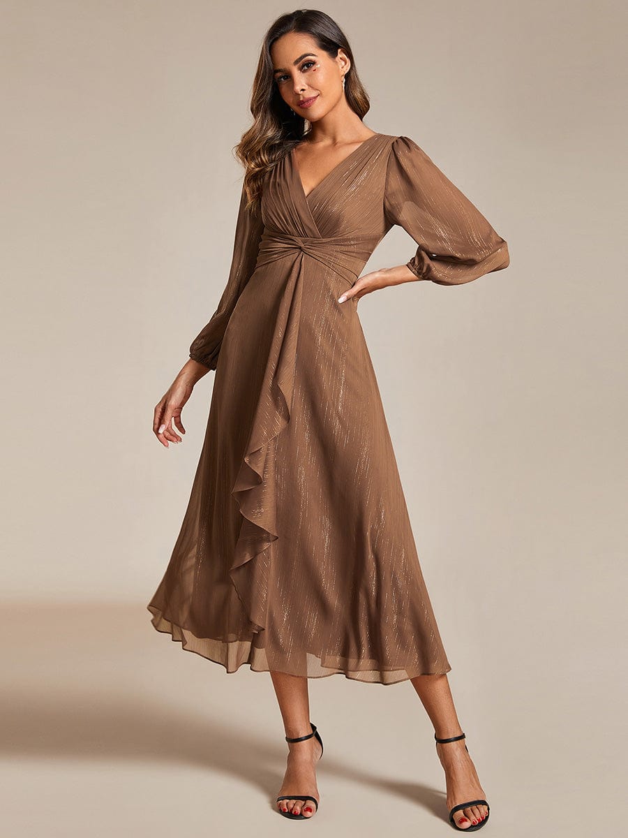 Glitter Twist Knot See-Through Long Sleeve Wedding Guest Dress #color_Brown