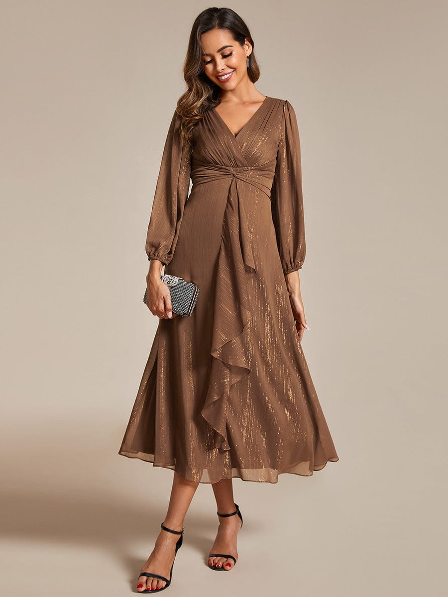 See-Through Long Sleeve Twist Knot A-Line Lotus Leaf Shimmering Evening Dress #color_Brown