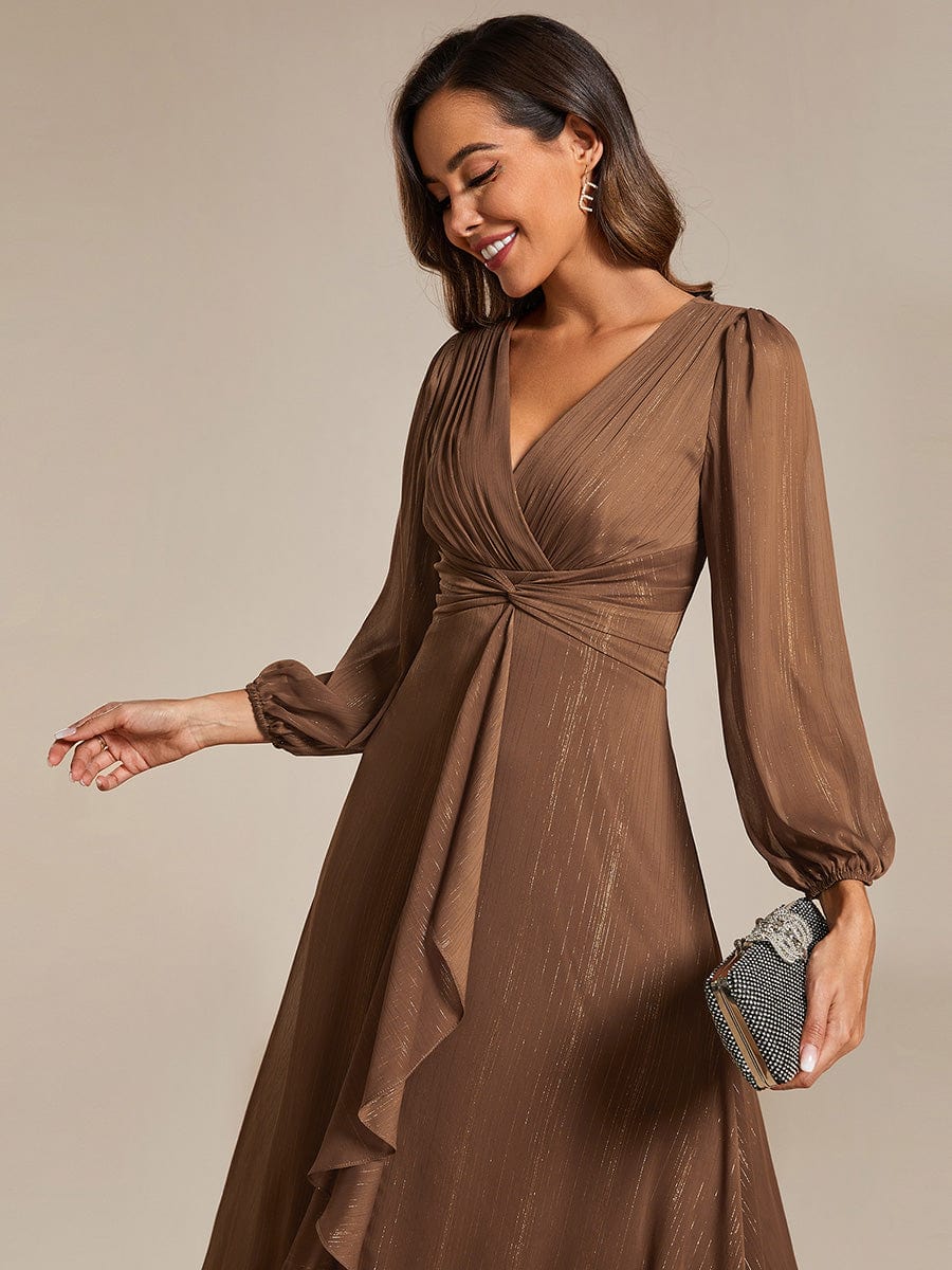 See-Through Long Sleeve Twist Knot A-Line Lotus Leaf Shimmering Evening Dress #color_Brown