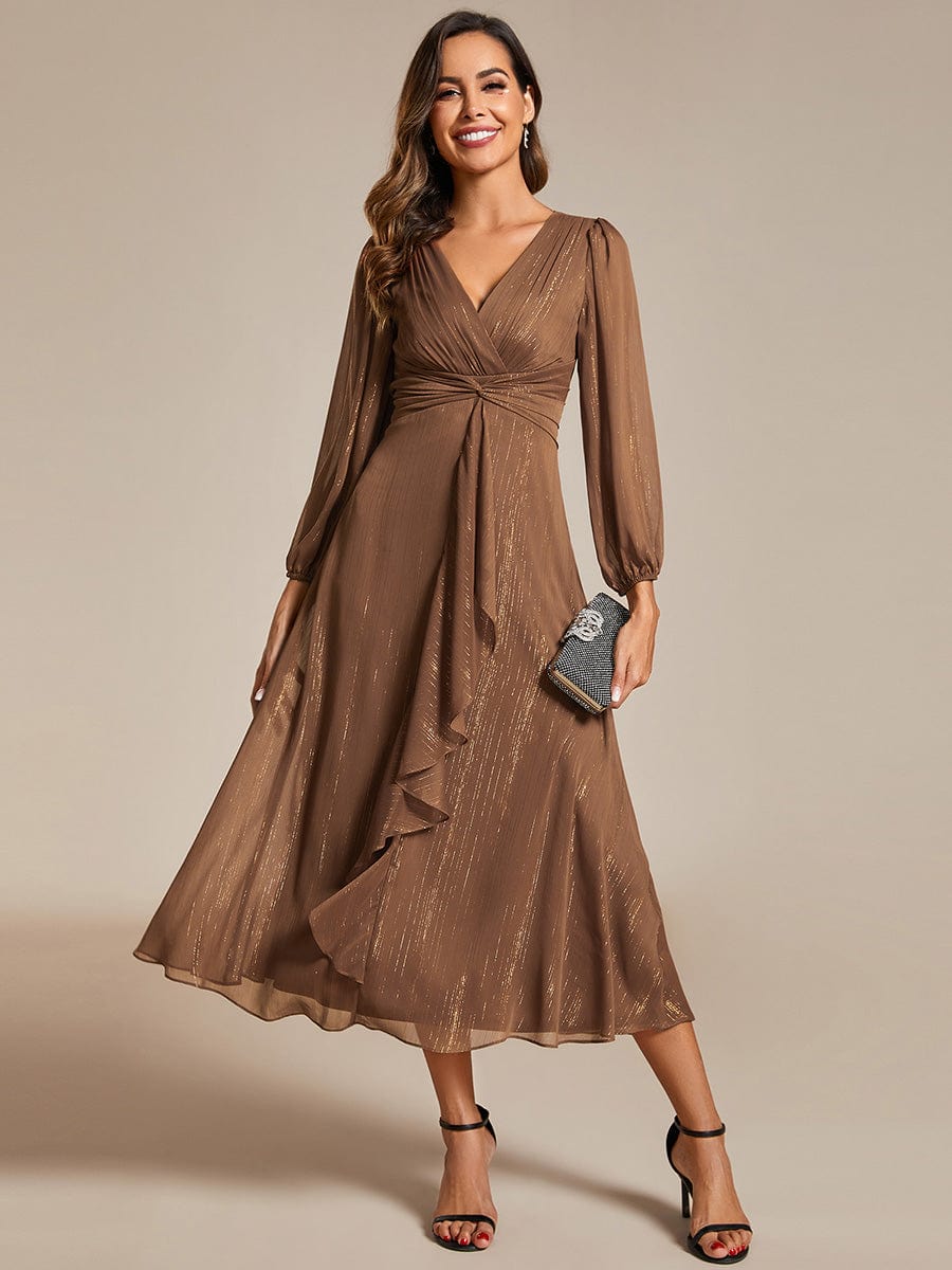 See-Through Long Sleeve Twist Knot A-Line Lotus Leaf Shimmering Evening Dress #color_Brown