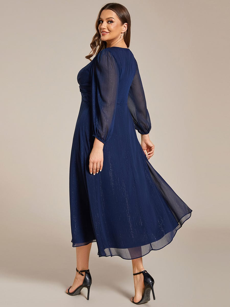 See-Through Long Sleeve Twist Knot A-Line Lotus Leaf Shimmering Evening Dress #color_Navy Blue