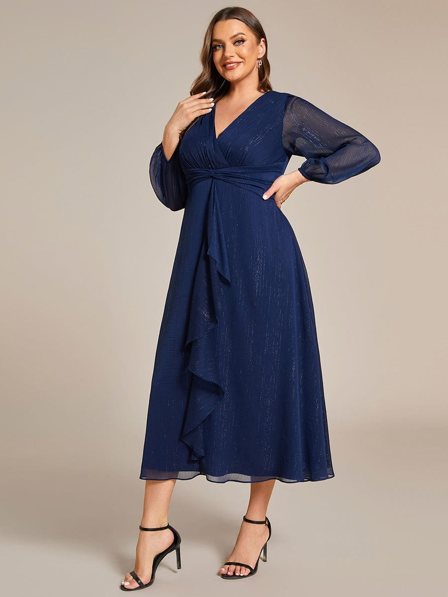 Plus Size Twist Knot Louts Leaf Long Sleeve A-Line Evening Dress #color_Navy Blue