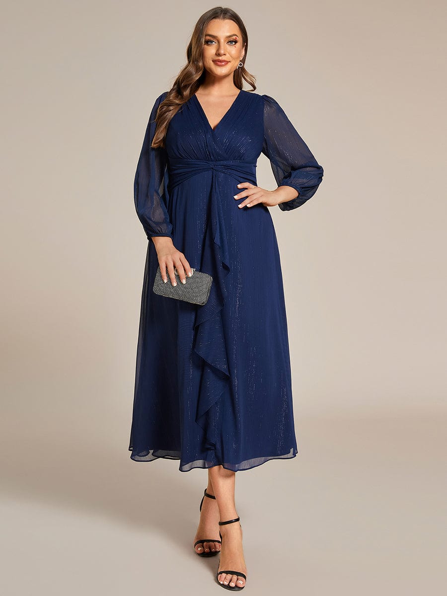 Plus Size Twist Knot Louts Leaf Long Sleeve A-Line Evening Dress #color_Navy Blue