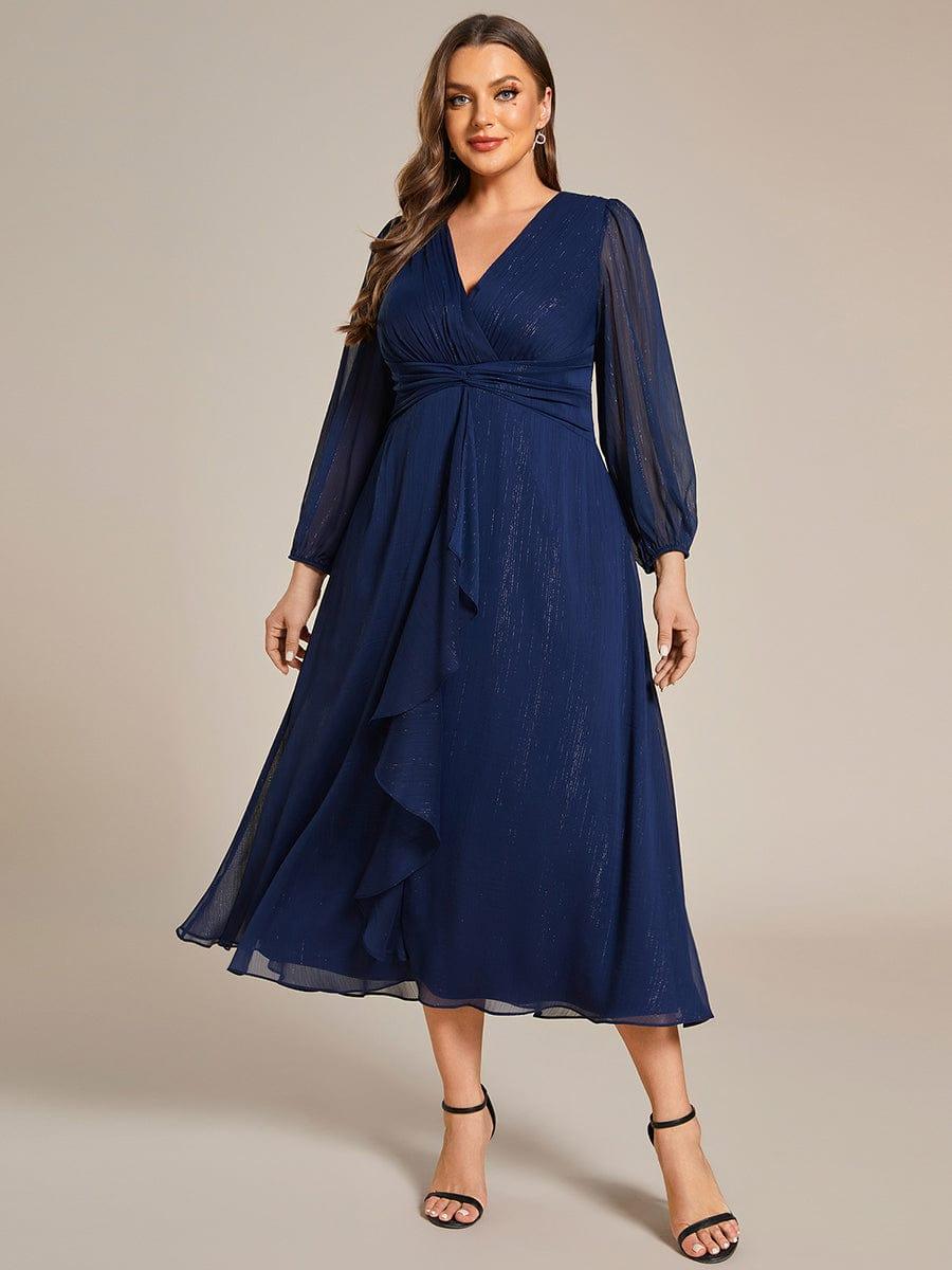 Glitter Twist Knot See-Through Long Sleeve Wedding Guest Dress #color_Navy Blue