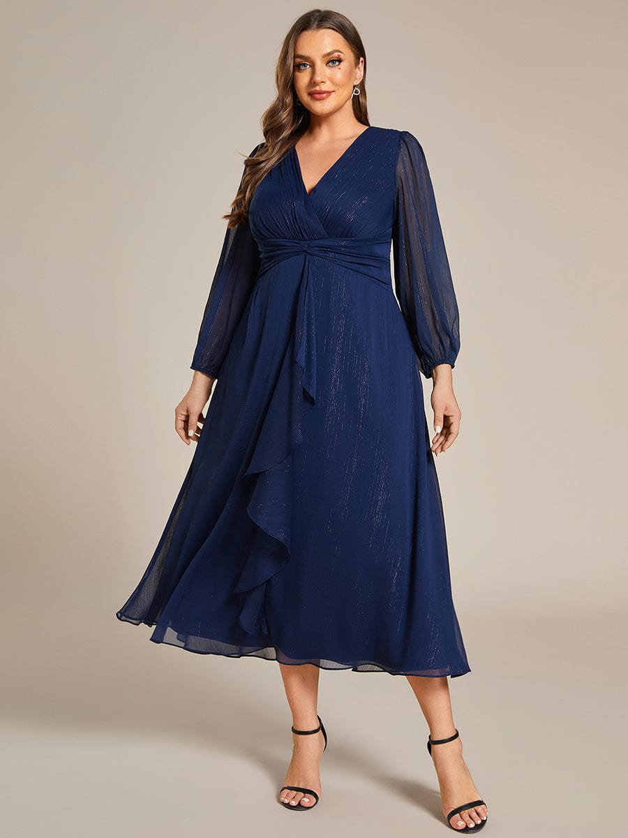 Plus Size Twist Knot Louts Leaf Long Sleeve A-Line Evening Dress #color_Navy Blue