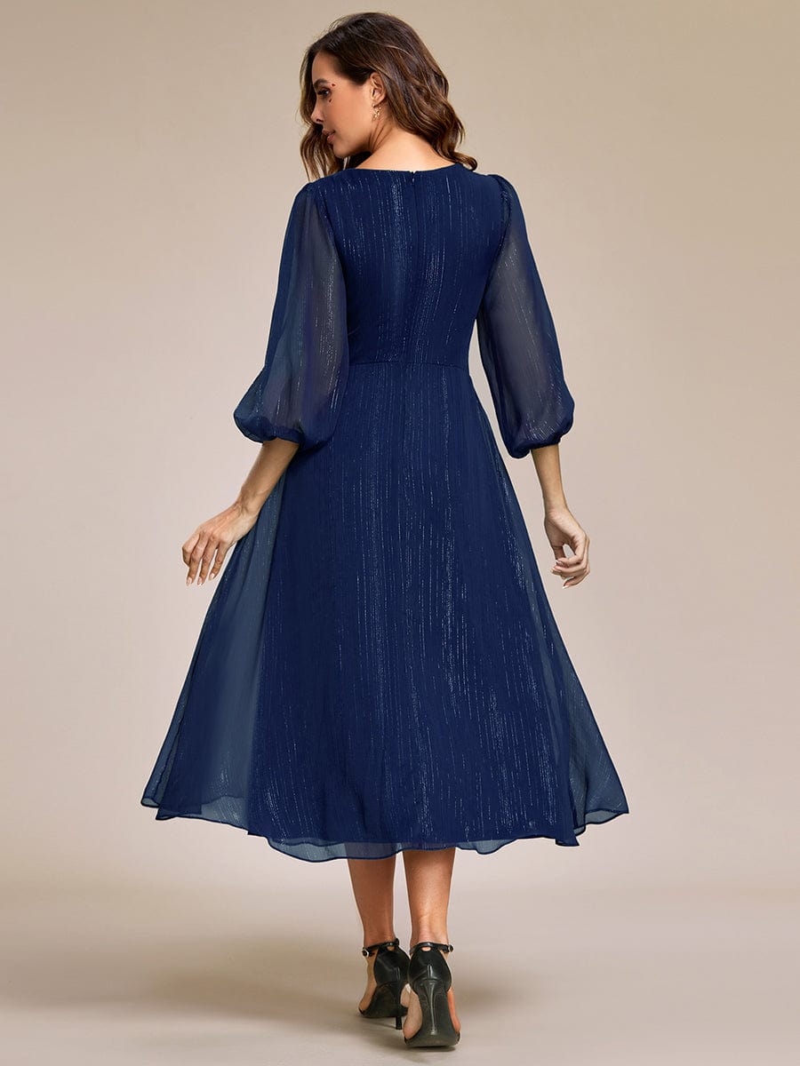 Custom Size See-Through Long Sleeve Twist Knot A-Line Lotus Leaf Shimmering Evening Dress #color_Navy Blue