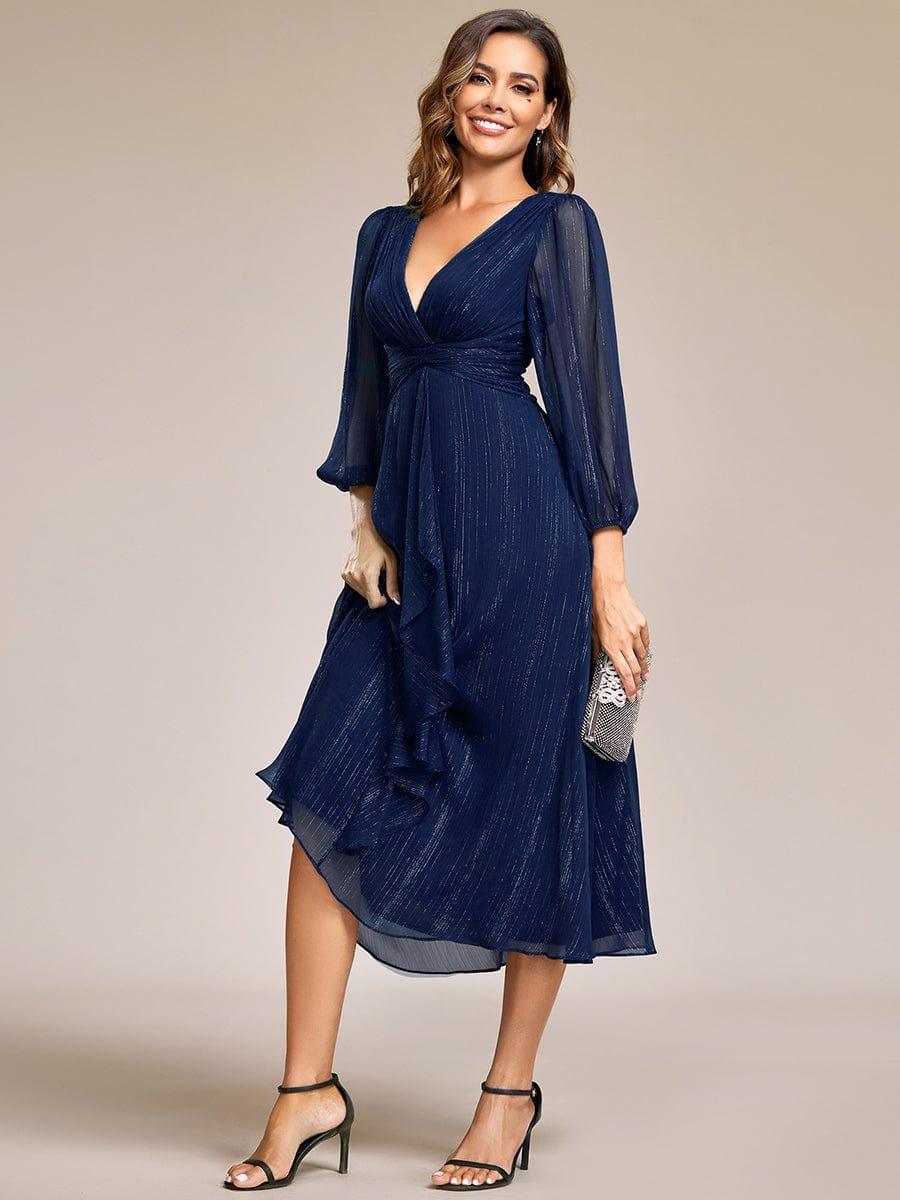 Glitter Twist Knot See-Through Long Sleeve Wedding Guest Dress #color_Navy Blue