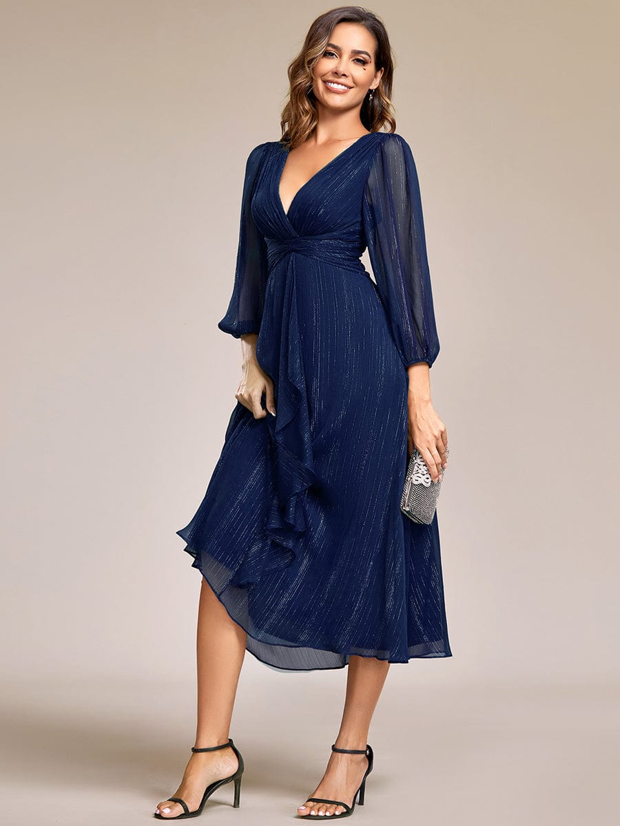 See-Through Long Sleeve Twist Knot A-Line Lotus Leaf Shimmering Evening Dress #color_Navy Blue