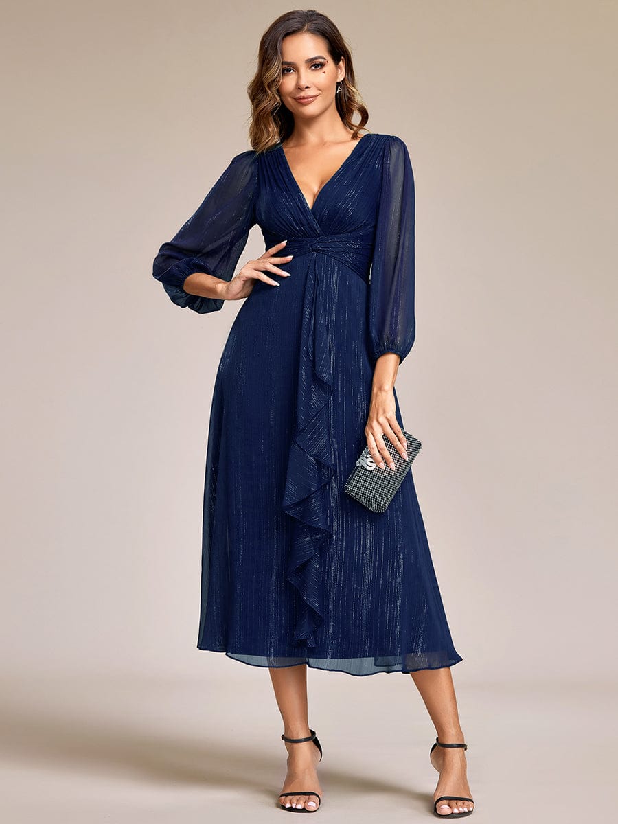 Glitter Twist Knot See-Through Long Sleeve Wedding Guest Dress #color_Navy Blue