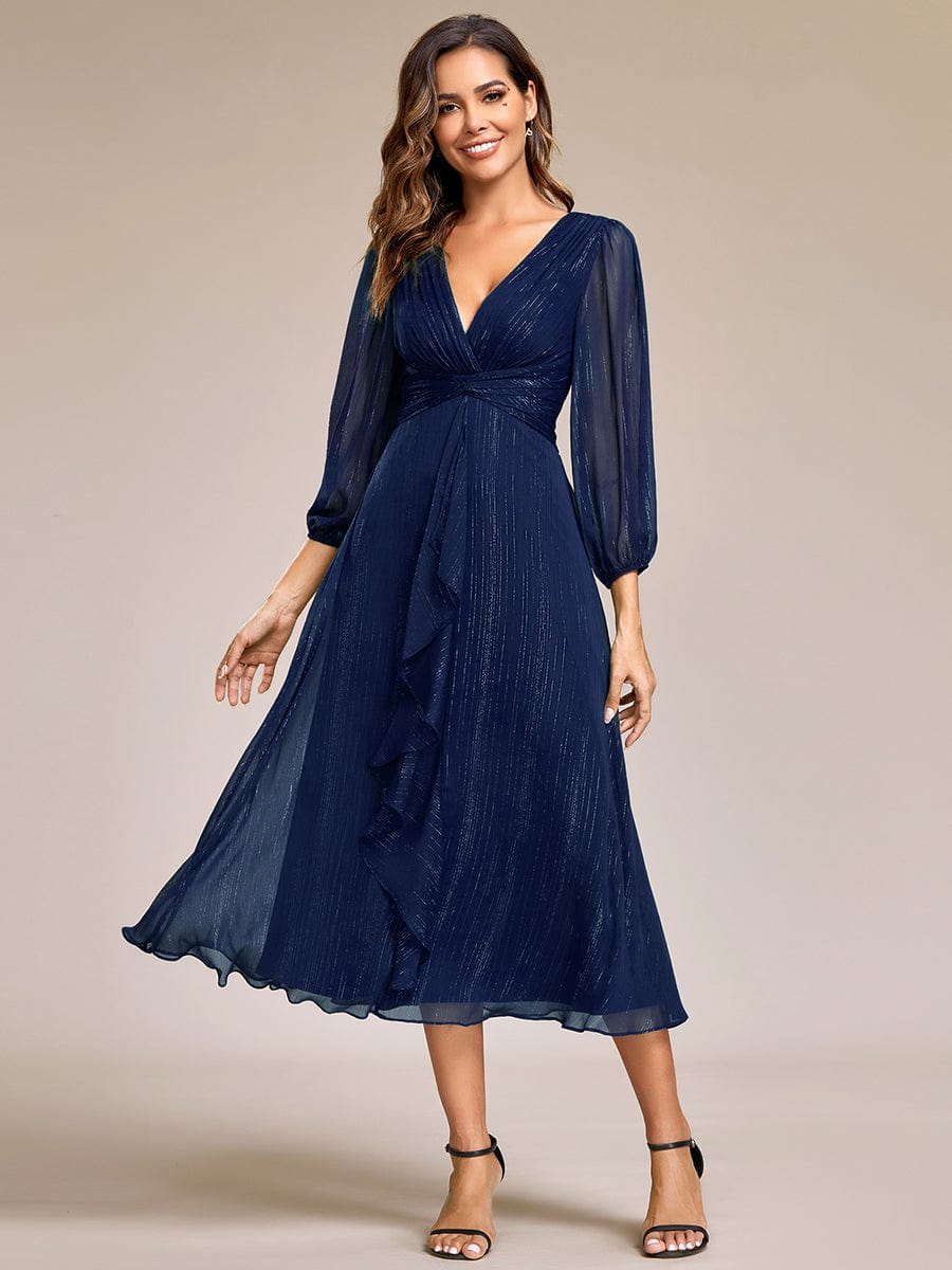 See-Through Long Sleeve Twist Knot A-Line Lotus Leaf Shimmering Evening Dress #color_Navy Blue