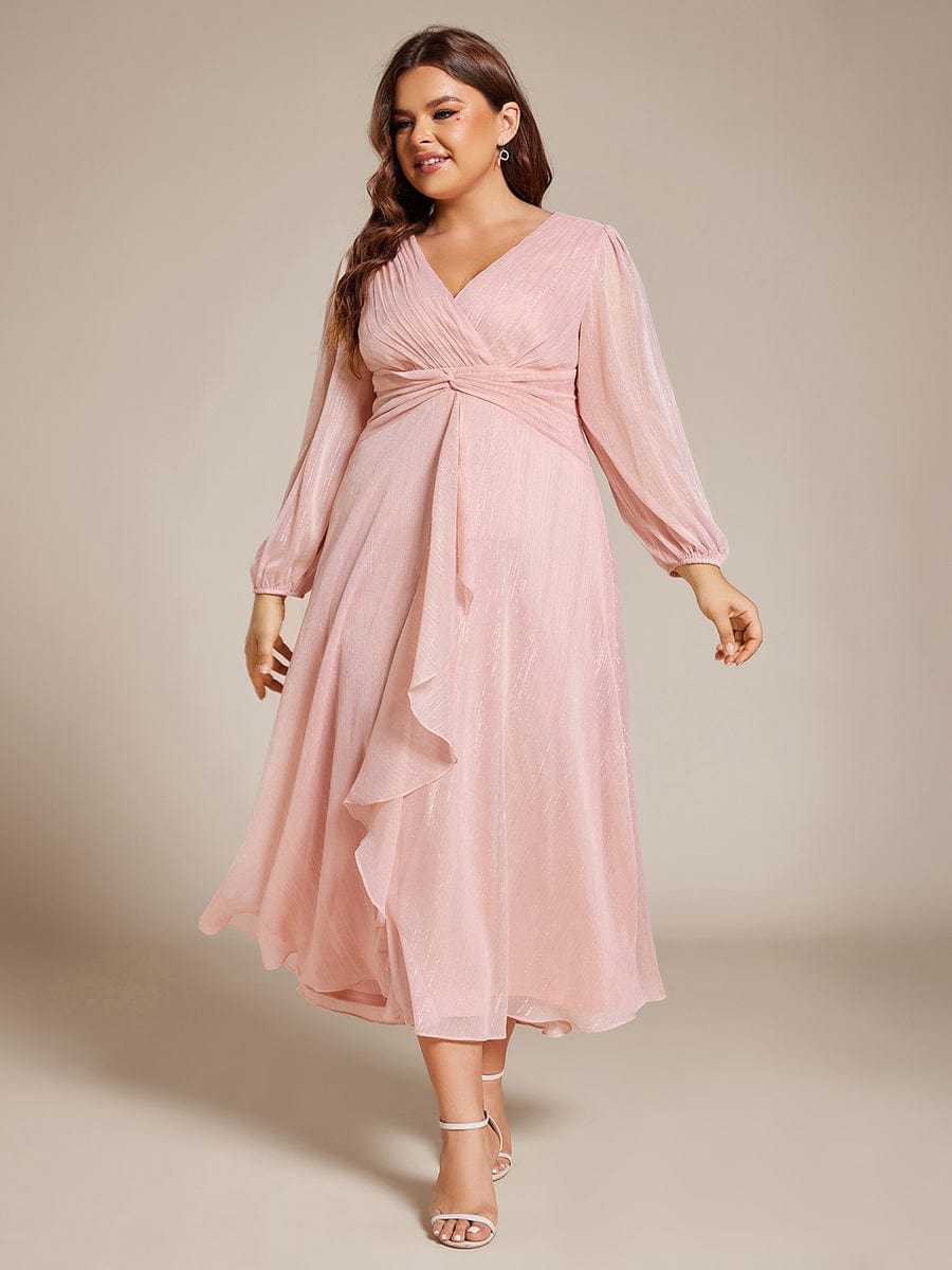 Plus Size Twist Knot Louts Leaf Long Sleeve A-Line Evening Dress #color_Pink