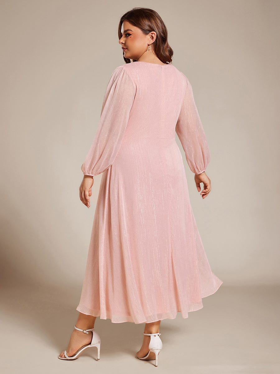 Plus Size Twist Knot Louts Leaf Long Sleeve A-Line Evening Dress #color_Pink