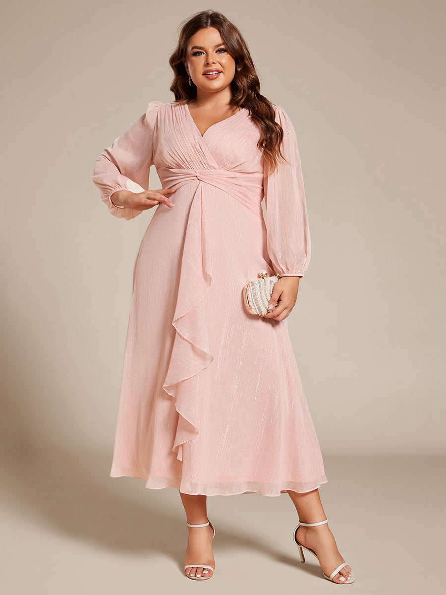 See-Through Long Sleeve Twist Knot A-Line Lotus Leaf Shimmering Evening Dress #color_Pink