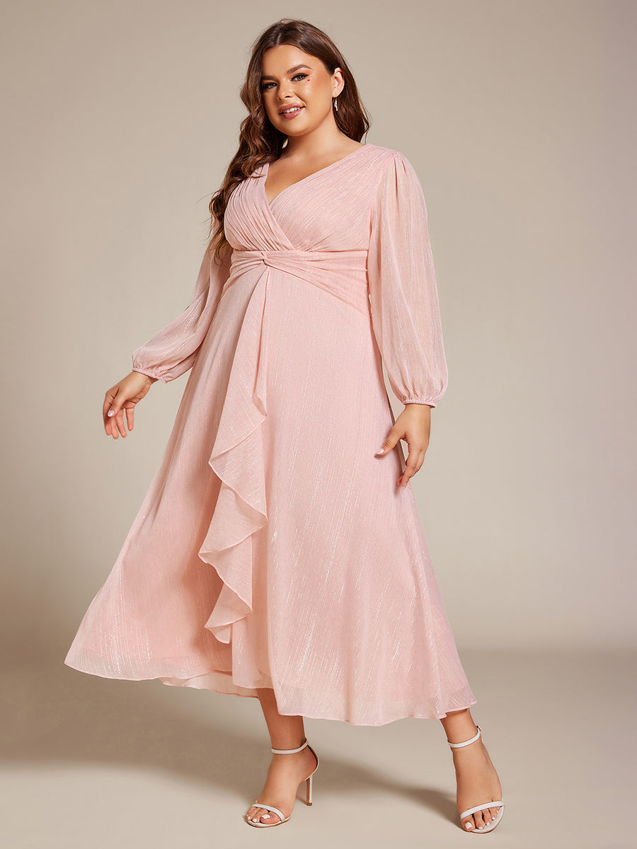 Plus Size Twist Knot Louts Leaf Long Sleeve A-Line Evening Dress #color_Pink