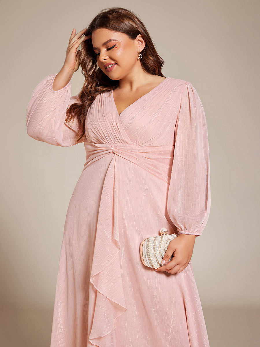 Plus Size Twist Knot Louts Leaf Long Sleeve A-Line Evening Dress #color_Pink