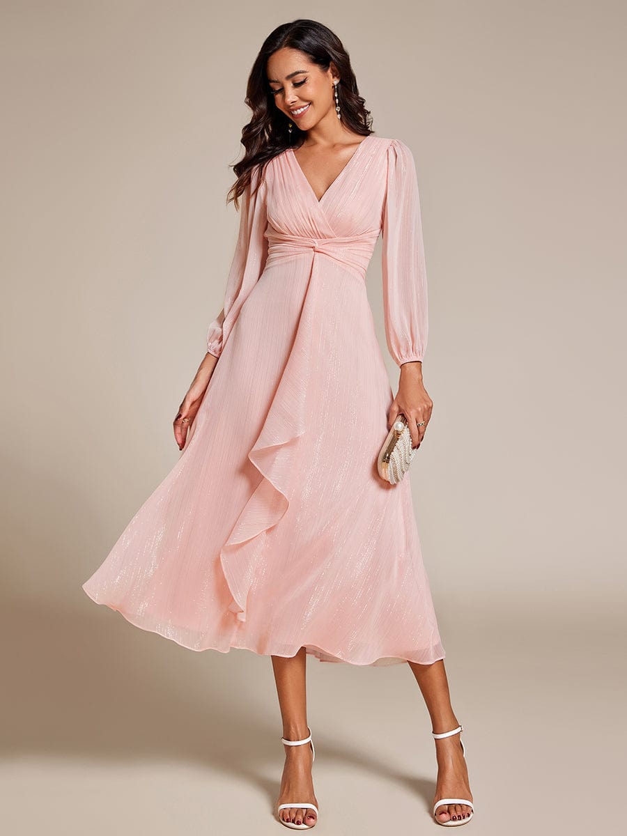 See-Through Long Sleeve Twist Knot A-Line Lotus Leaf Shimmering Evening Dress #color_Pink