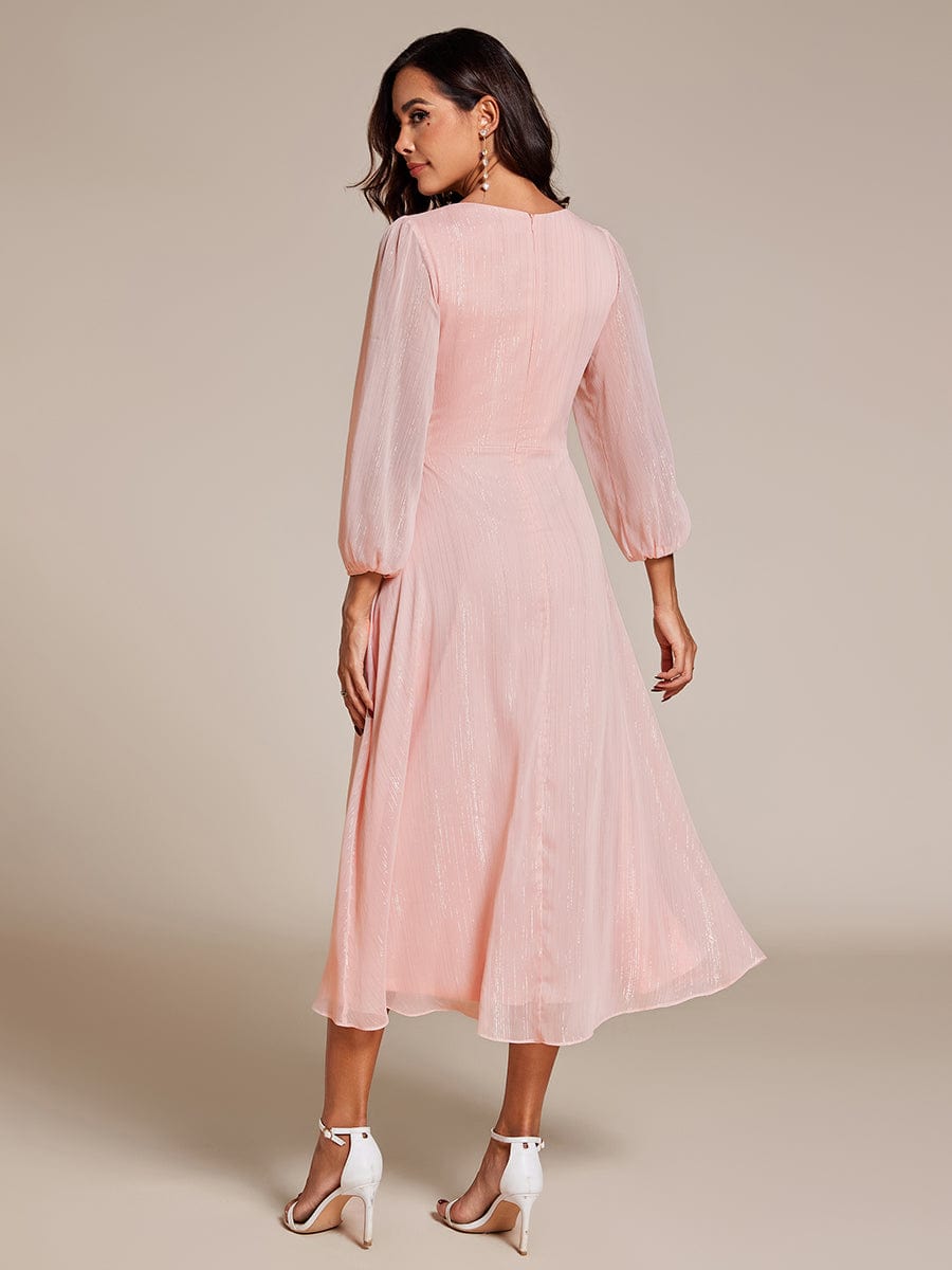 See-Through Long Sleeve Twist Knot A-Line Lotus Leaf Shimmering Evening Dress #color_Pink