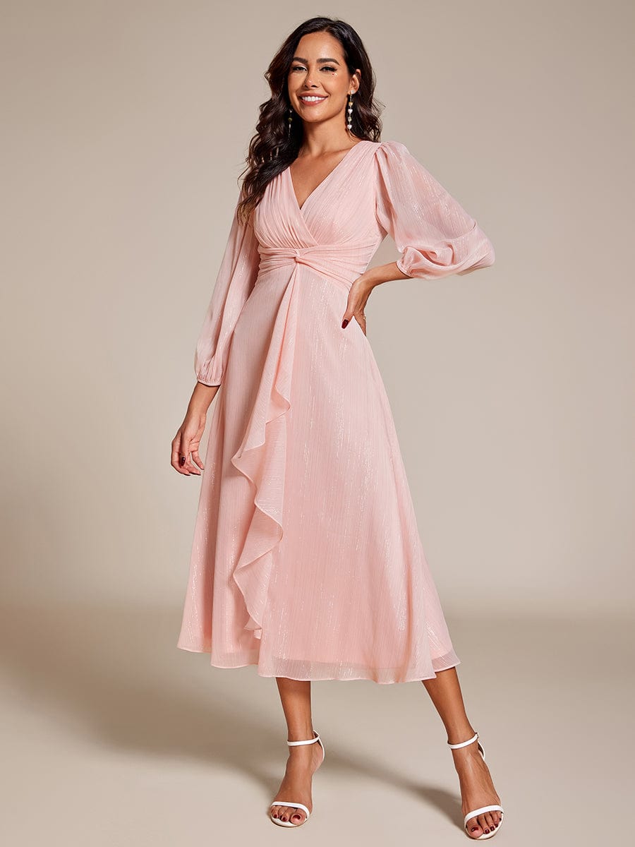 See-Through Long Sleeve Twist Knot A-Line Lotus Leaf Shimmering Evening Dress #color_Pink