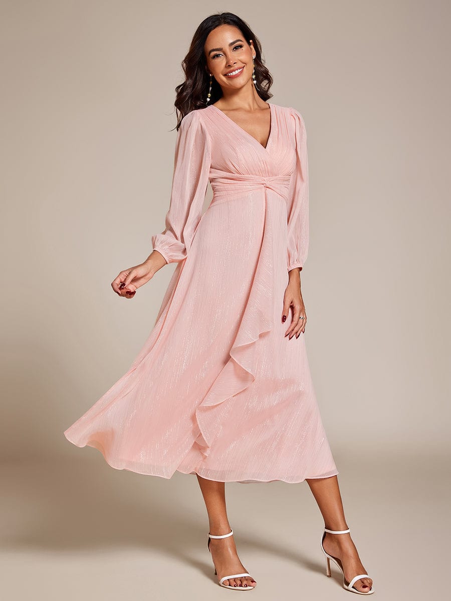 See-Through Long Sleeve Twist Knot A-Line Lotus Leaf Shimmering Evening Dress #color_Pink