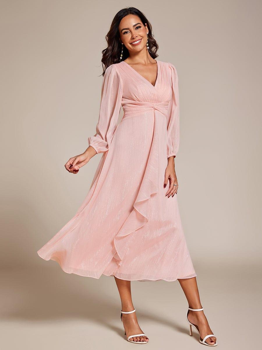 Glitter Twist Knot See-Through Long Sleeve Wedding Guest Dress #color_Pink