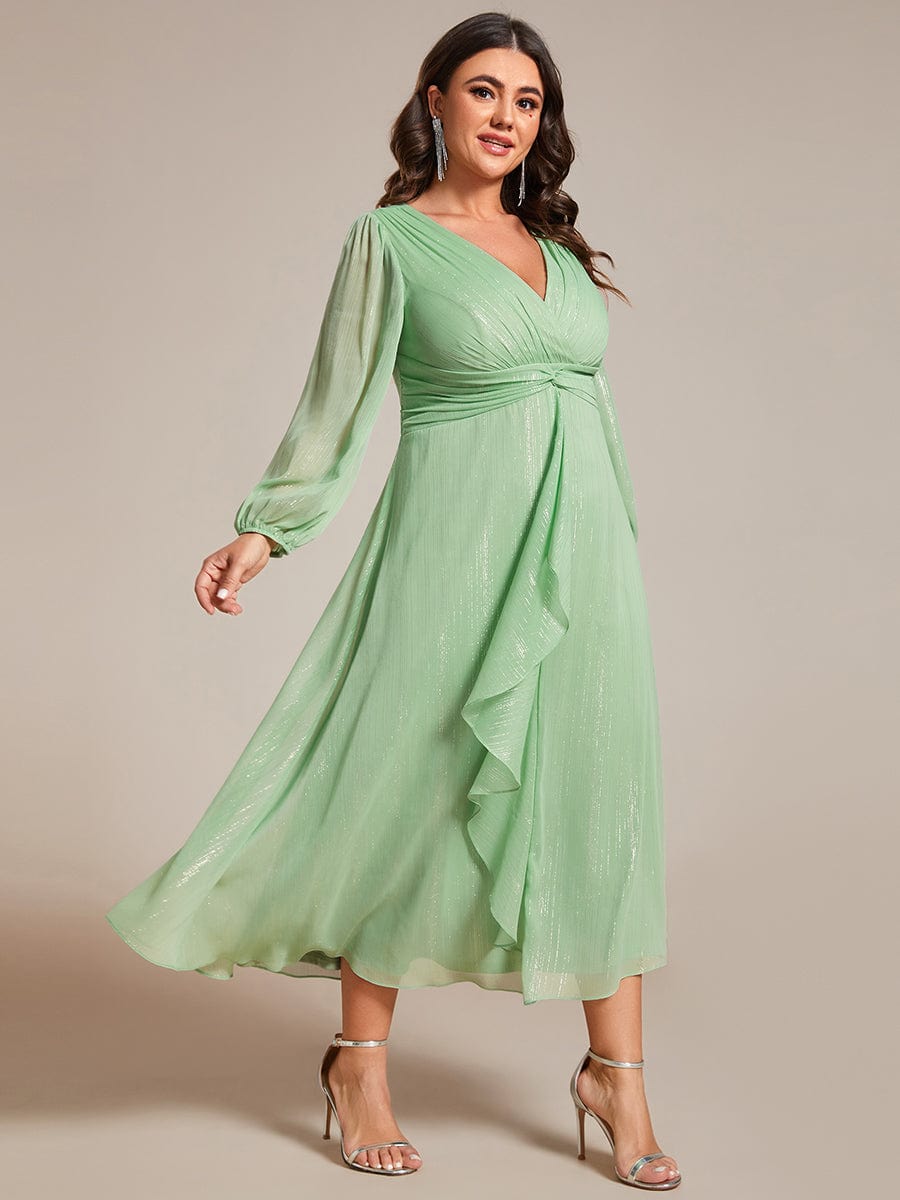 Plus Size Twist Knot Louts Leaf Long Sleeve A-Line Evening Dress #color_Summer Green