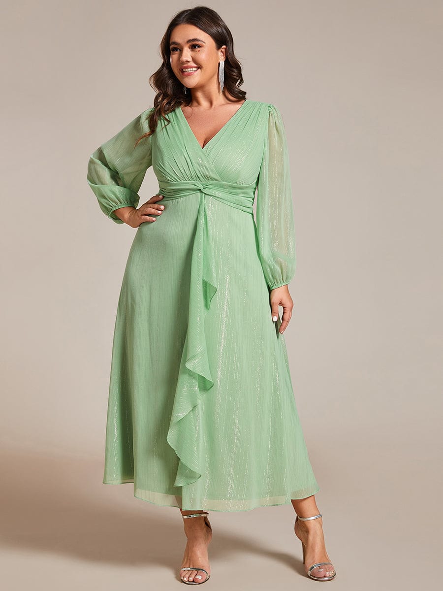 See-Through Long Sleeve Twist Knot A-Line Lotus Leaf Shimmering Evening Dress #color_Summer Green