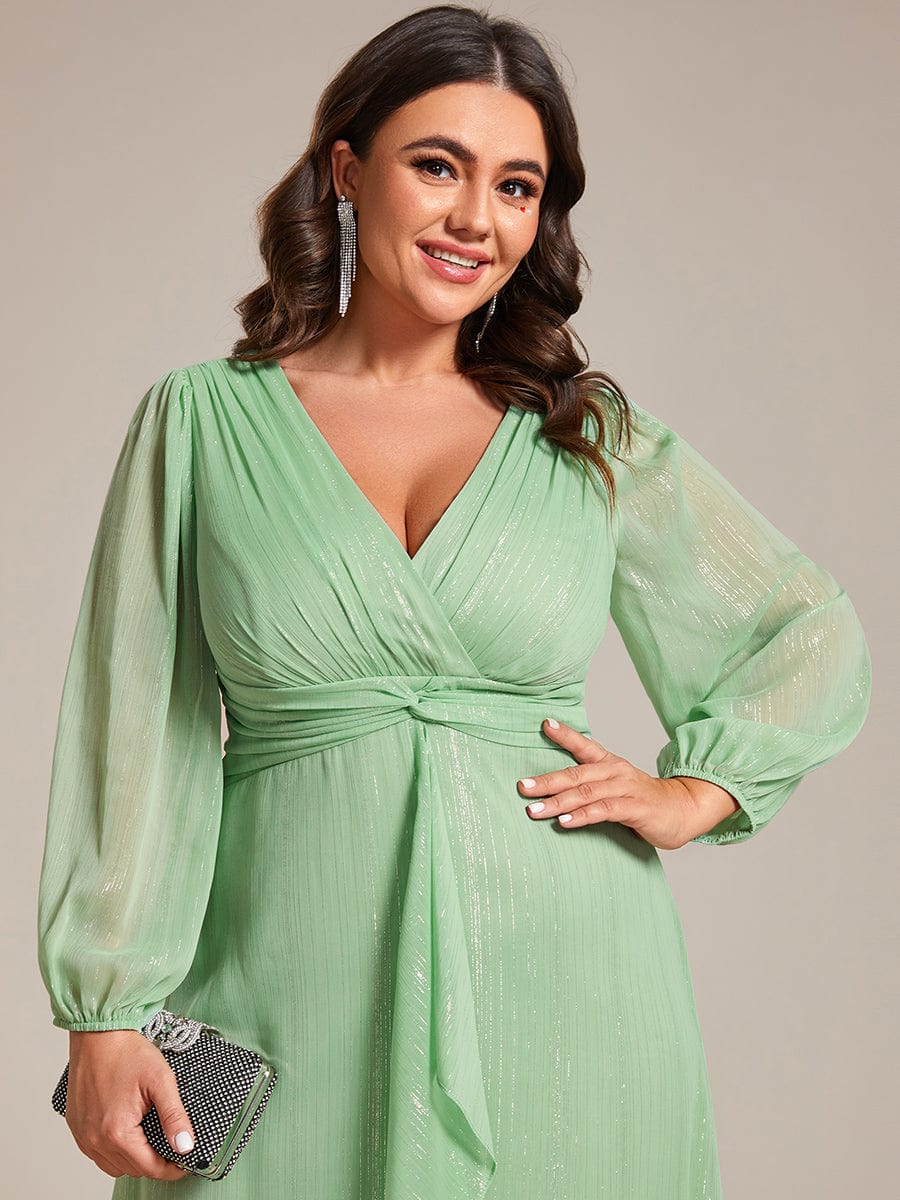 Plus Size Twist Knot Louts Leaf Long Sleeve A-Line Evening Dress #color_Summer Green