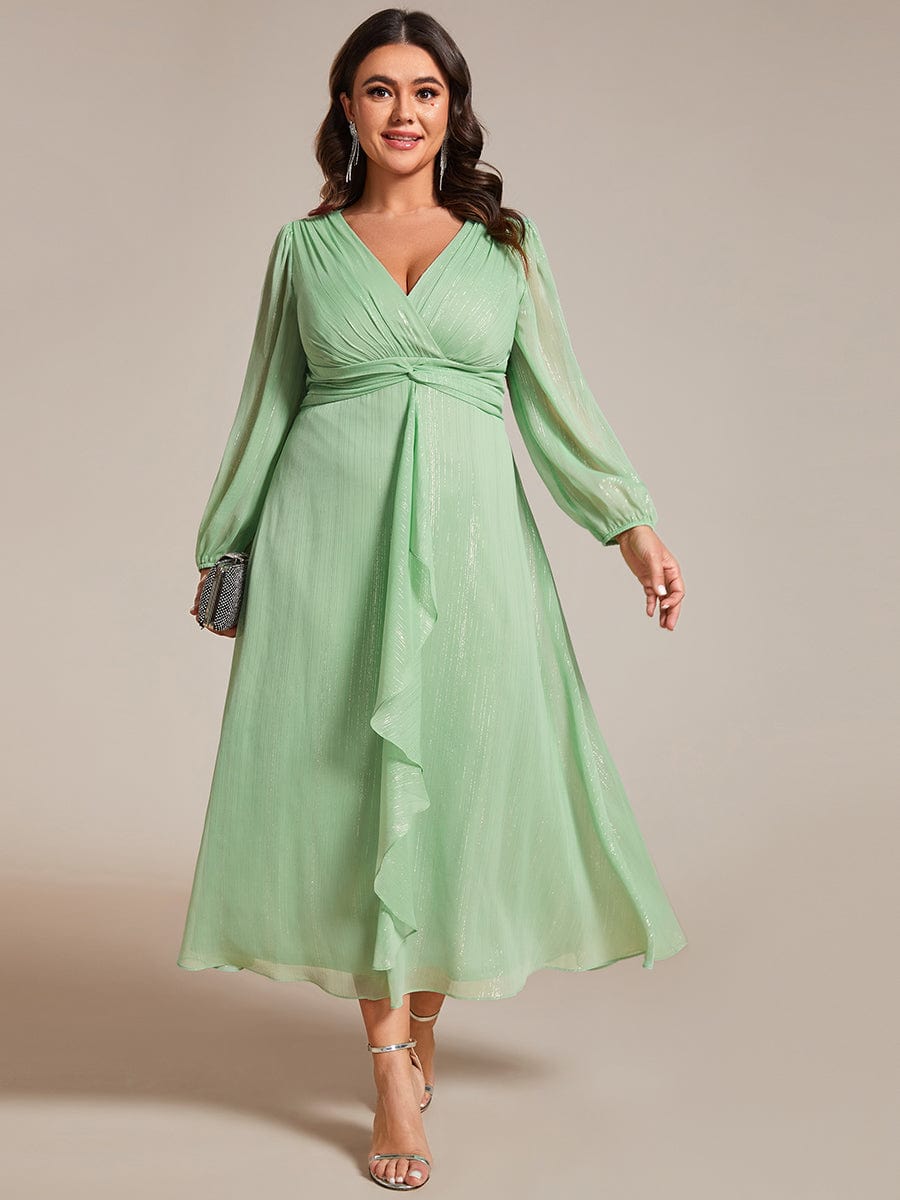 Plus Size Twist Knot Louts Leaf Long Sleeve A-Line Evening Dress #color_Summer Green