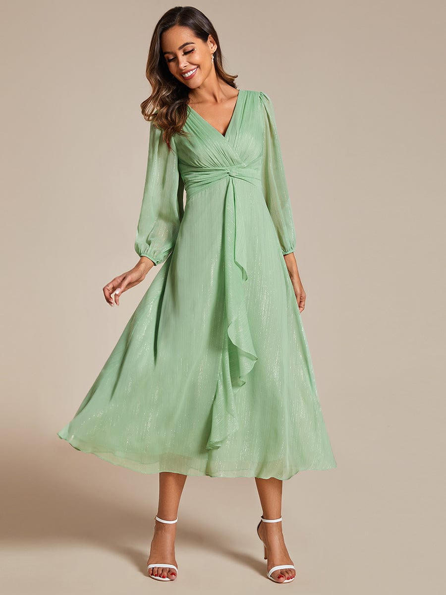 See-Through Long Sleeve Twist Knot A-Line Lotus Leaf Shimmering Evening Dress #color_Summer Green