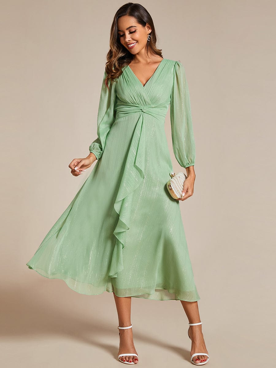 See-Through Long Sleeve Twist Knot A-Line Lotus Leaf Shimmering Evening Dress #color_Summer Green