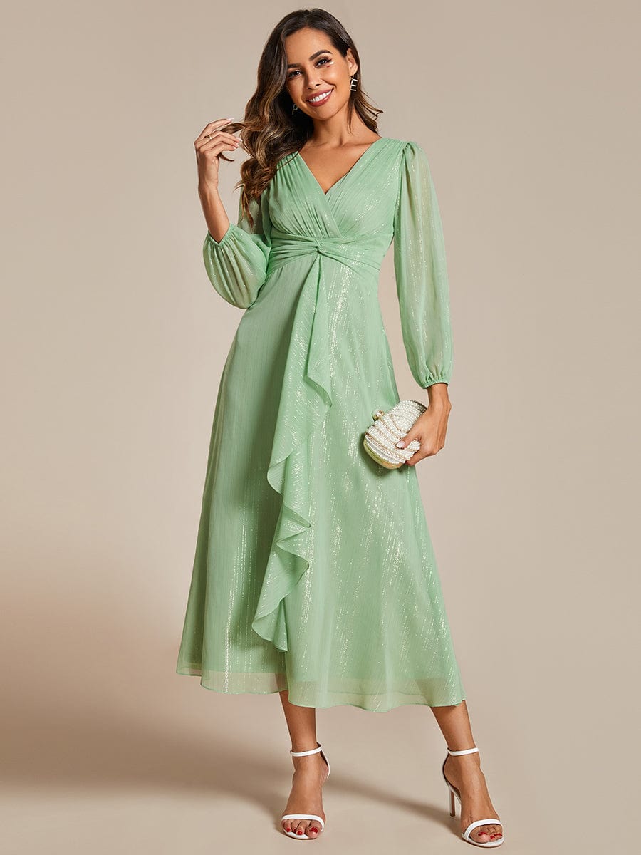 Glitter Twist Knot See-Through Long Sleeve Wedding Guest Dress #color_Summer Green