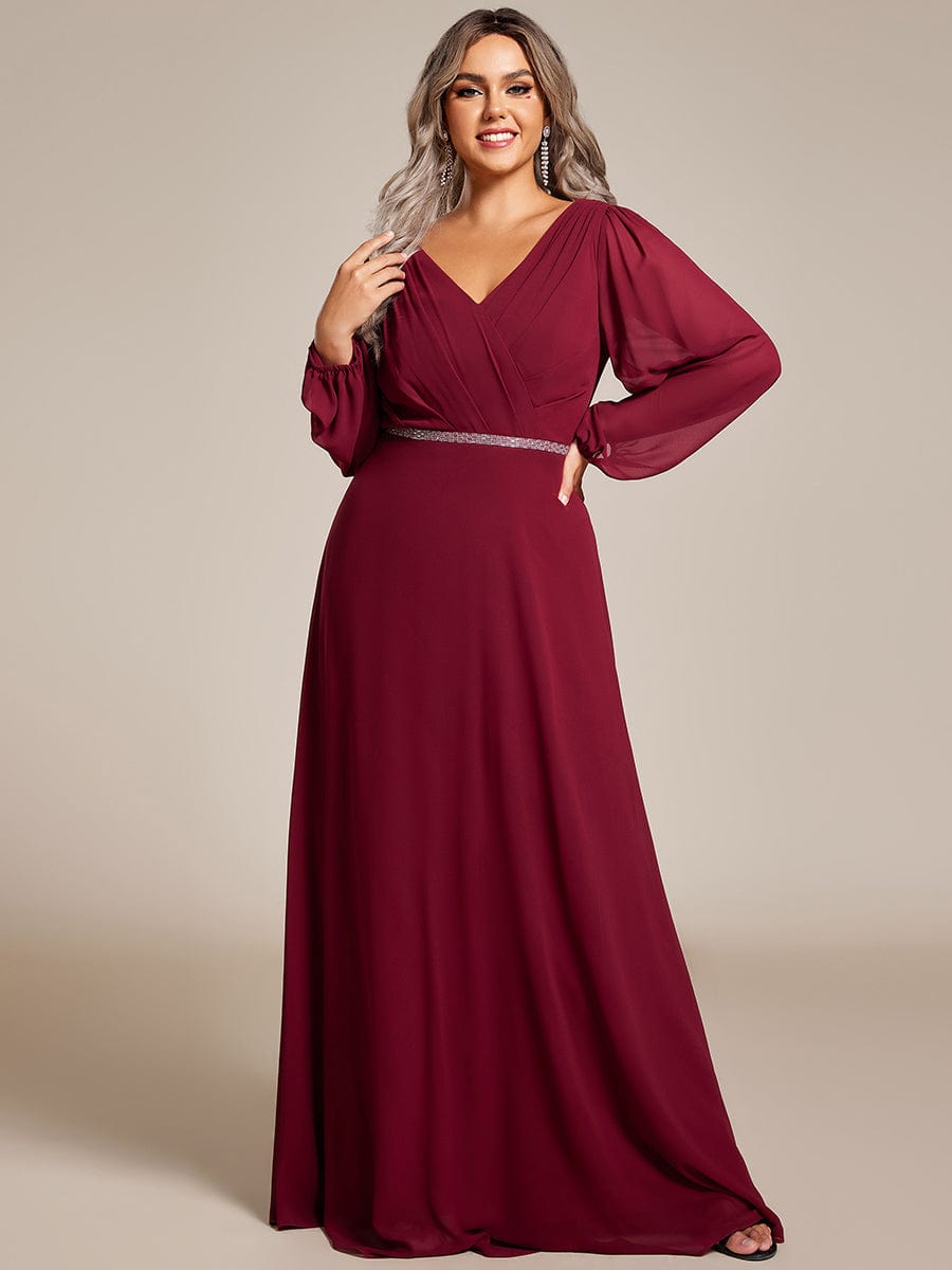 Plus Size A-Line V-Neck See-Through Long Sleeves Shiny Belt Chiffon Evening Dress #color_Burgundy