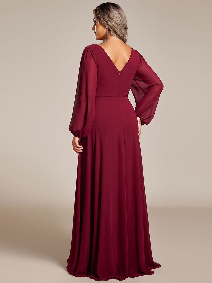 Pleated Double V-Neck Long Sleeves Shiny Belt Chiffon Evening Dress #color_Burgundy