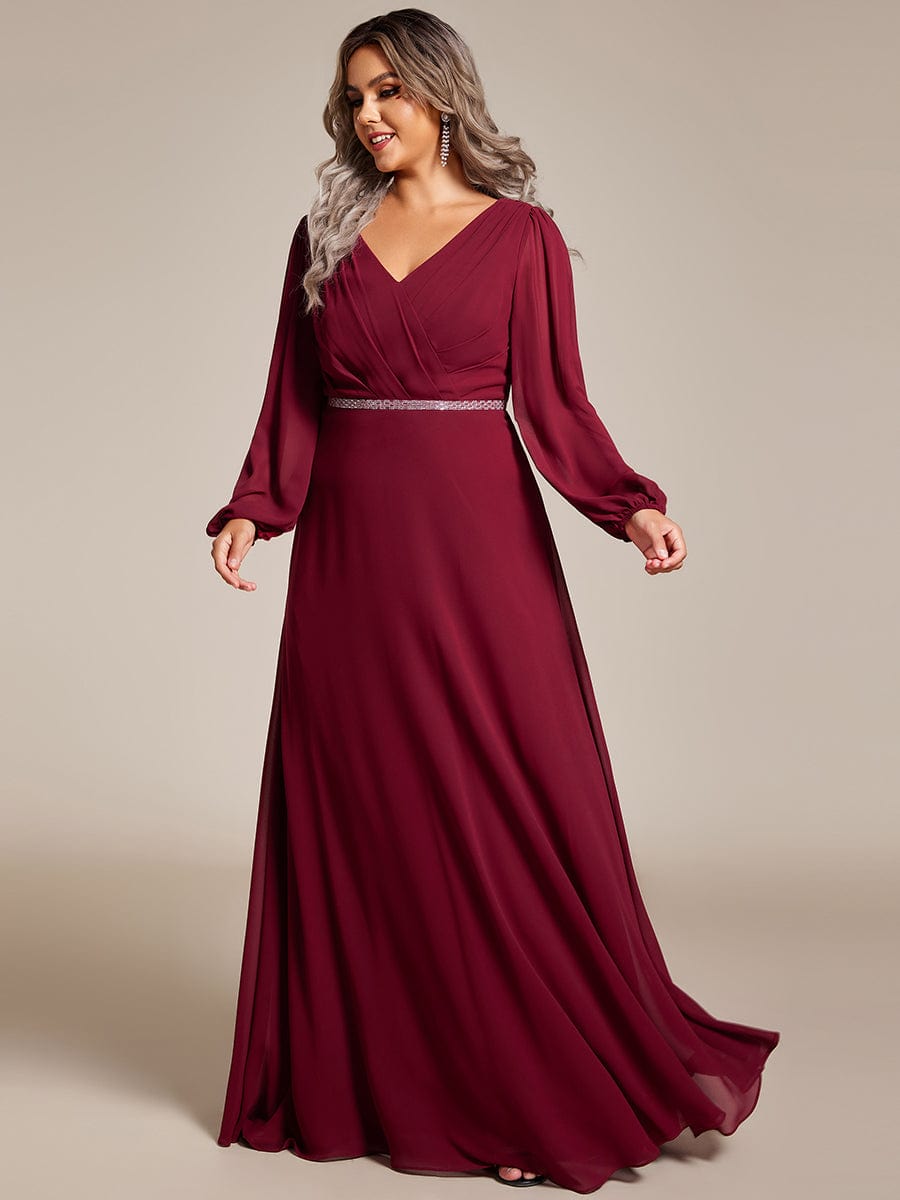 Pleated Double V-Neck Long Sleeves Shiny Belt Chiffon Evening Dress #color_Burgundy