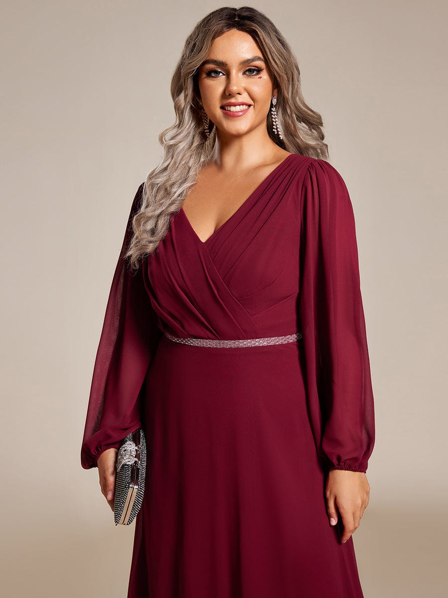 Pleated Double V-Neck Long Sleeves Shiny Belt Chiffon Evening Dress #color_Burgundy