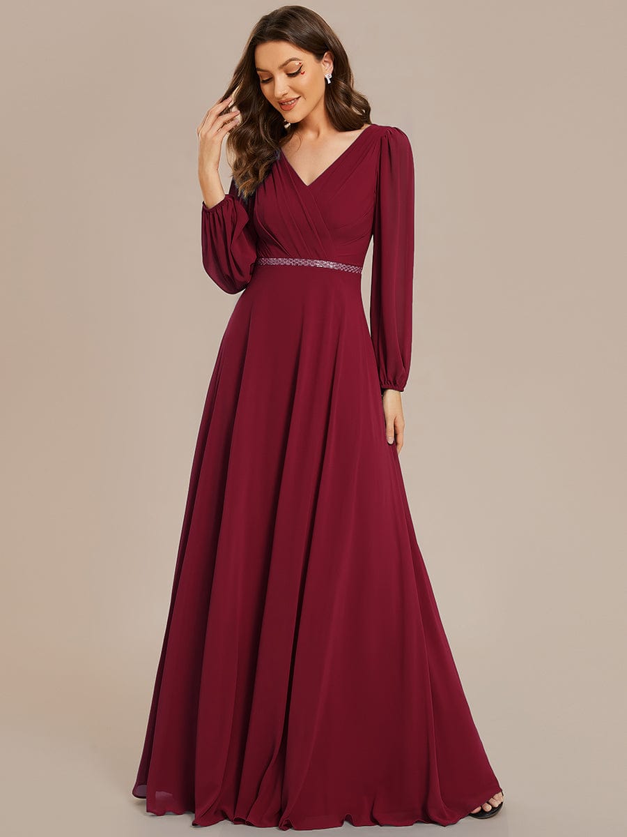 Pleated Double V-Neck Long Sleeves Shiny Belt Chiffon Evening Dress #color_Burgundy