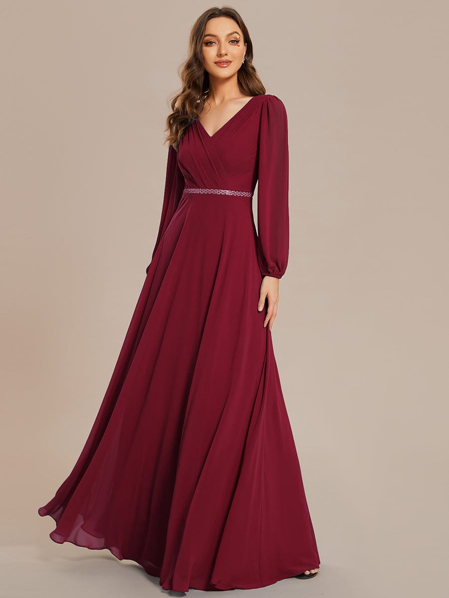 Pleated Double V-Neck Long Sleeves Shiny Belt Chiffon Evening Dress #color_Burgundy