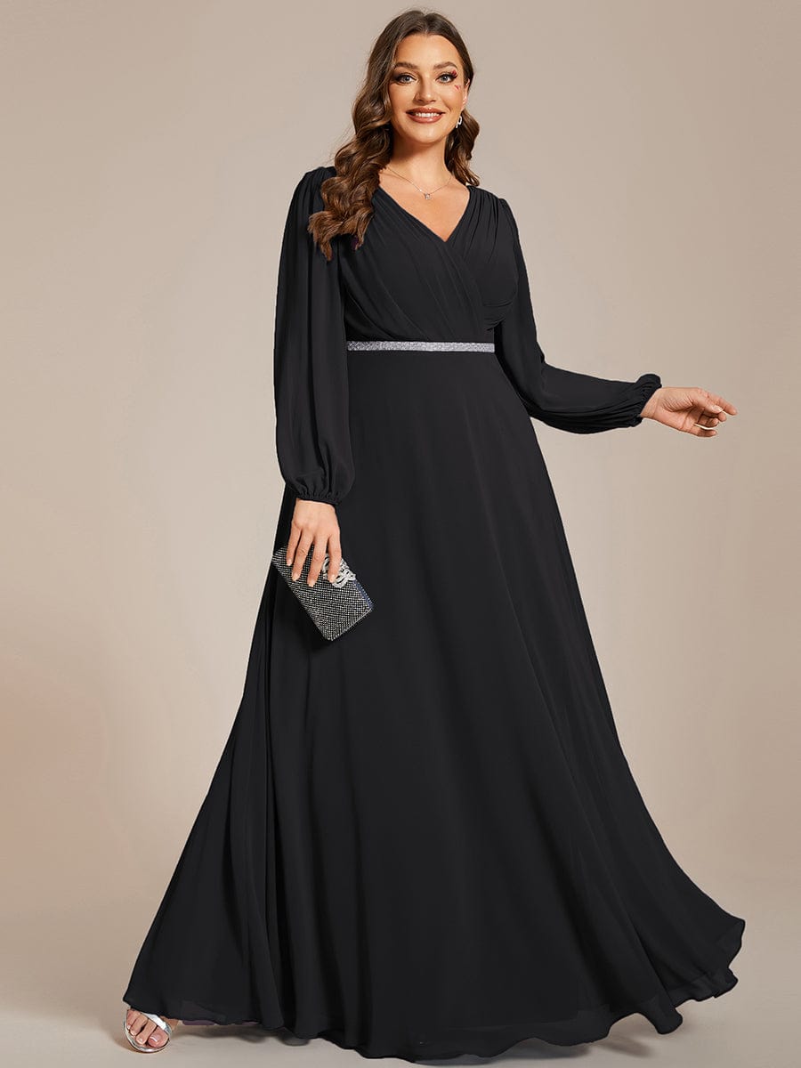 Pleated Double V-Neck Long Sleeves Shiny Belt Chiffon Evening Dress #color_Black