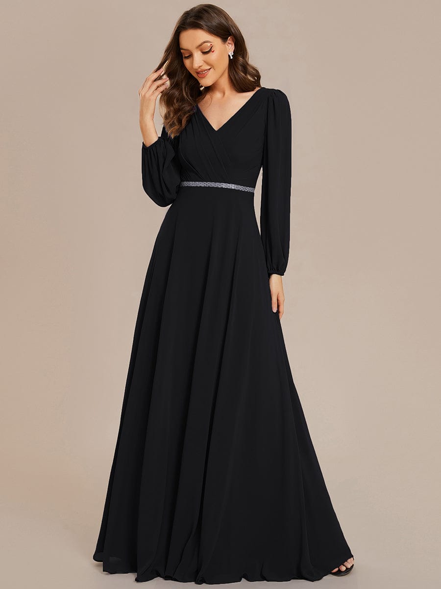 Pleated Double V-Neck Long Sleeves Shiny Belt Chiffon Evening Dress #color_Black