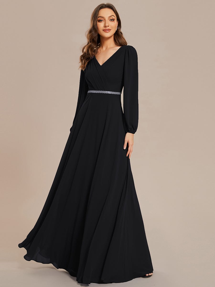 Pleated Double V-Neck Long Sleeves Shiny Belt Chiffon Evening Dress #color_Black