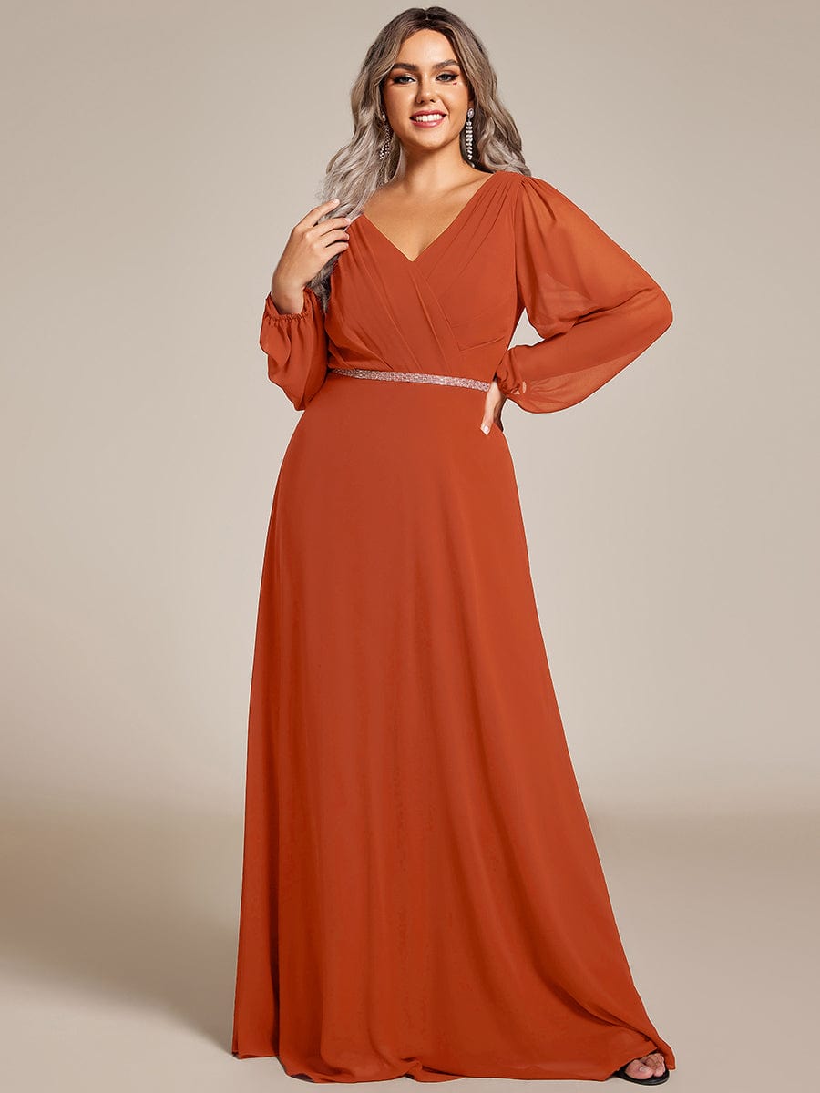 Plus Size A-Line V-Neck See-Through Long Sleeves Shiny Belt Chiffon Evening Dress #color_Burnt Orange