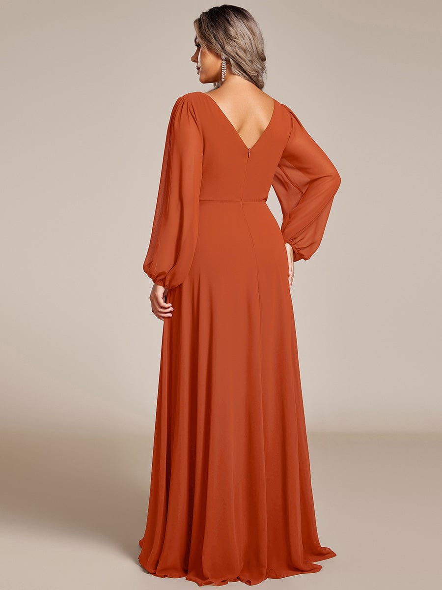 Pleated Double V-Neck Long Sleeves Shiny Belt Chiffon Evening Dress #color_Burnt Orange