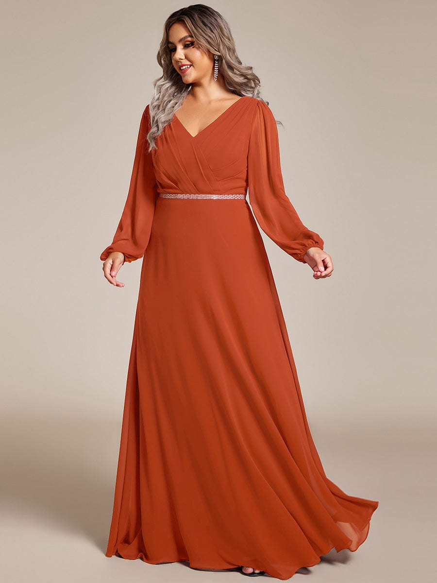 Pleated Double V-Neck Long Sleeves Shiny Belt Chiffon Evening Dress #color_Burnt Orange