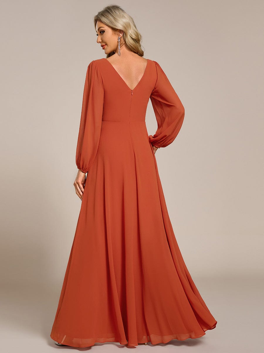 Pleated Double V-Neck Long Sleeves Shiny Belt Chiffon Evening Dress #color_Burnt Orange